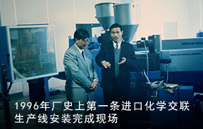 1996年廠史上第一條進(jìn)口化學(xué)交聯(lián)生產(chǎn)線安裝完成現(xiàn)場(chǎng)