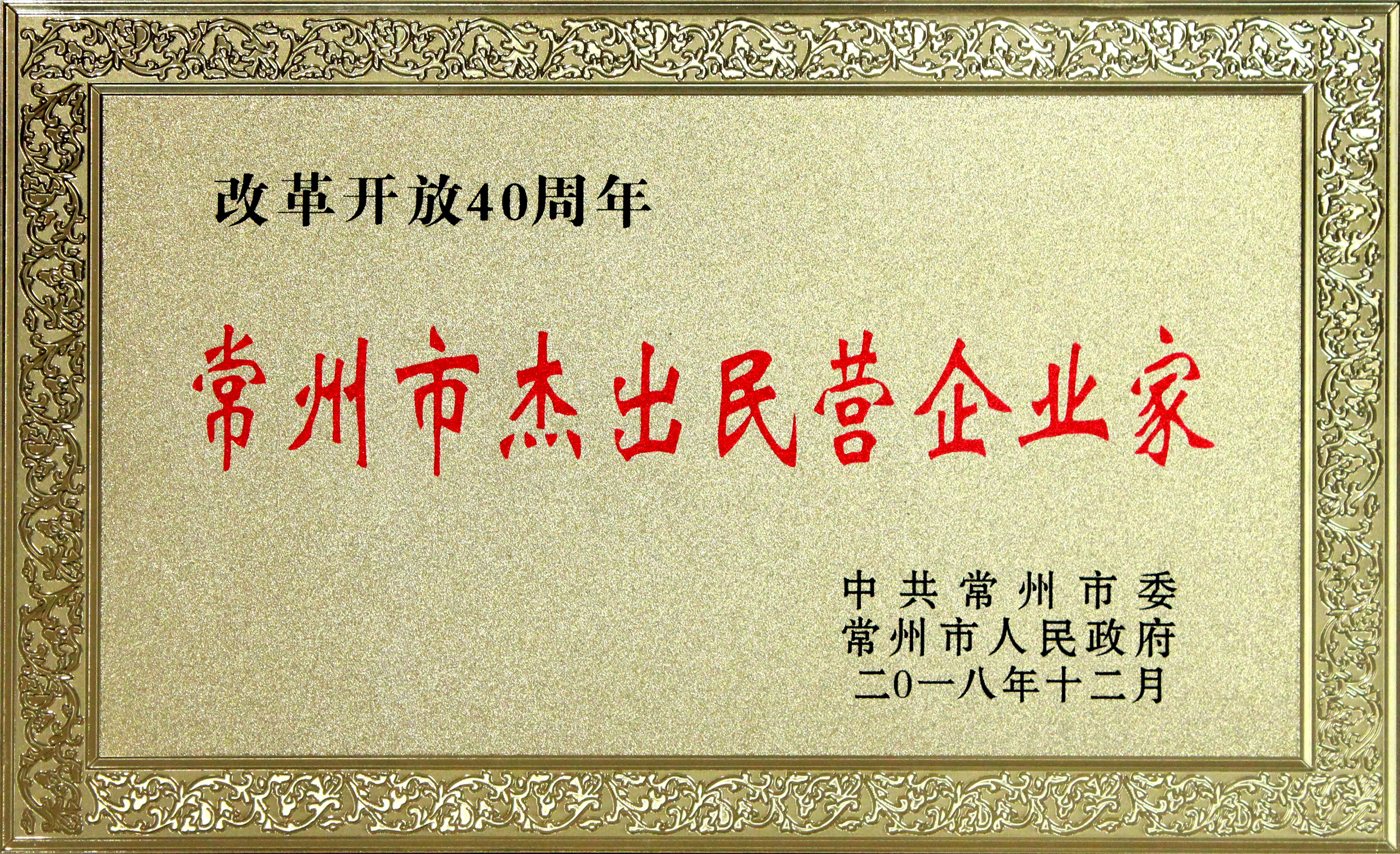 丁山華董事長(zhǎng)獲評(píng)改革開(kāi)放40周年“常州市杰出民營(yíng)企業(yè)家”