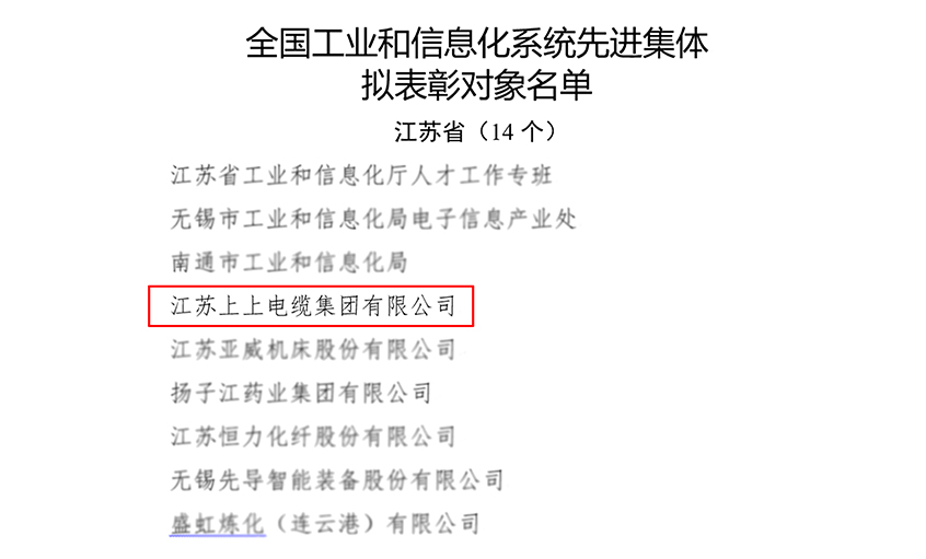 上上電纜榮獲“全國工業(yè)和信息化系統(tǒng)先進(jìn)集體”